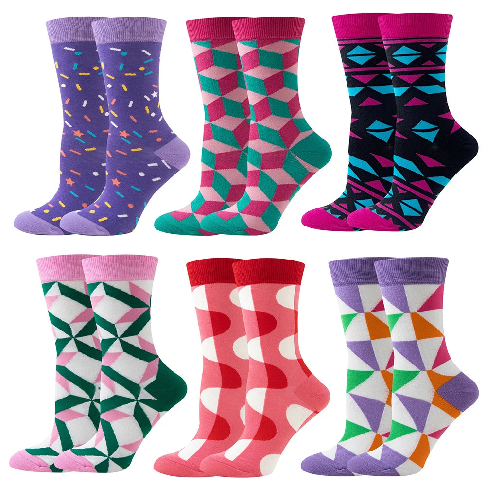 【6 Pairs】 Novelty Woman Socks Harajuku Cotton Funny Happy Rainbow Striped Diamond Pattern Unisex Socks Girl Kawaii Gift Socks