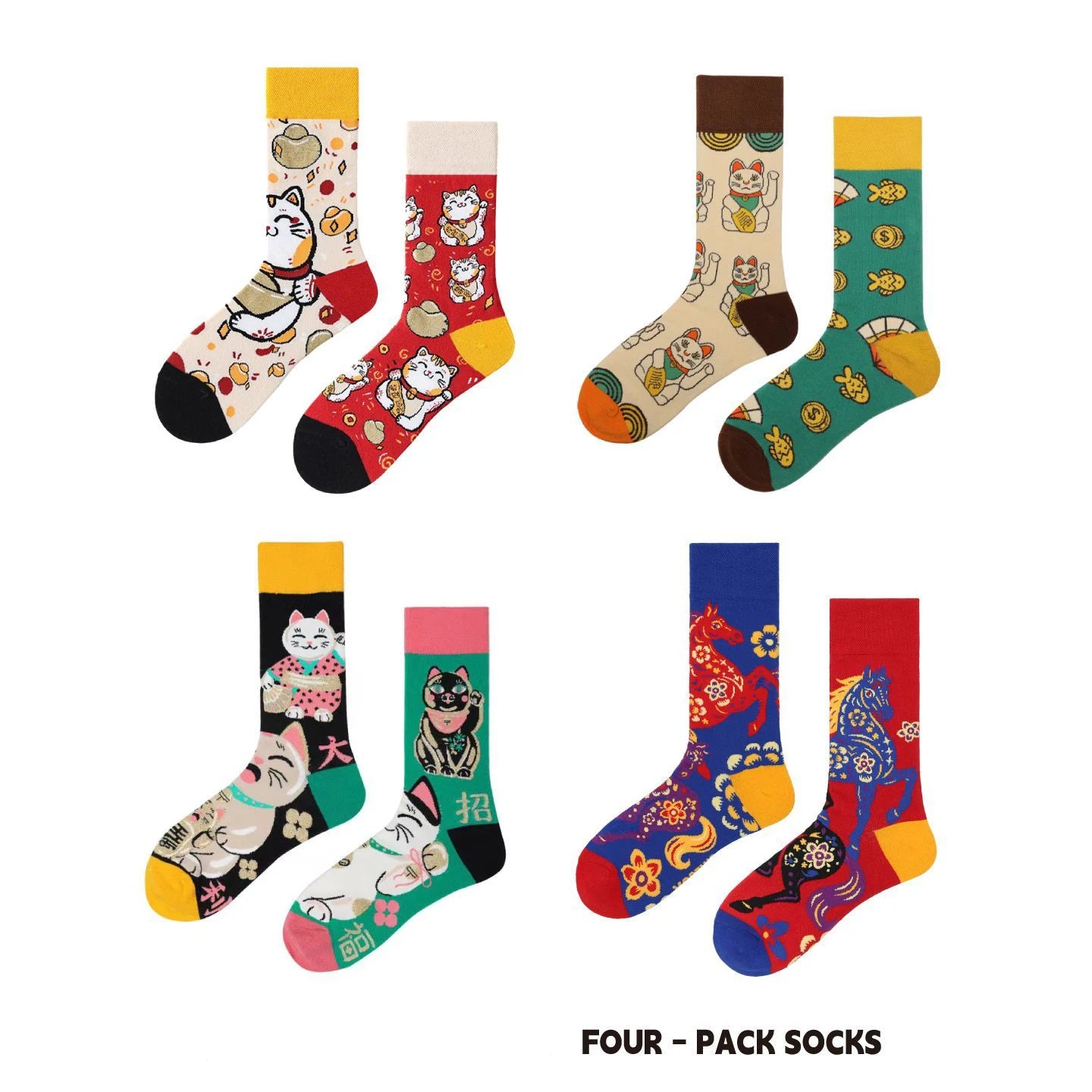 【4 Pairs】 Man Women Sock Original AB Tide Socks Colorful Cow Cotton Socks  Animals Fruits Abstract Figures Flowers Musical Notes