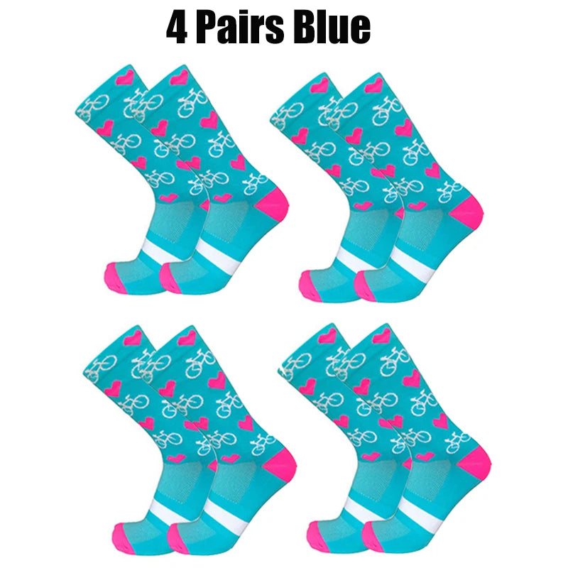 4 Pairs Heart Socks Cycling Socks Men Women Bicycle Pattern Breathable Mesh Outdoor Sports Running Socks Bike Compression Sock