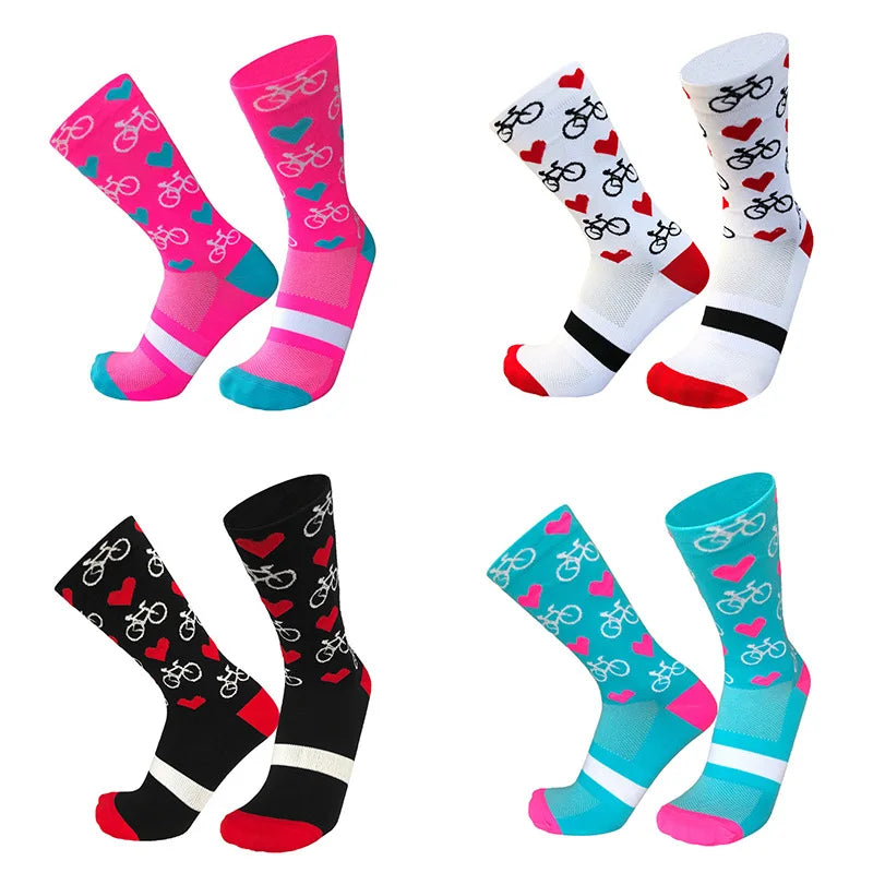 4 Pairs Heart Socks Cycling Socks Men Women Bicycle Pattern Breathable Mesh Outdoor Sports Running Socks Bike Compression Sock