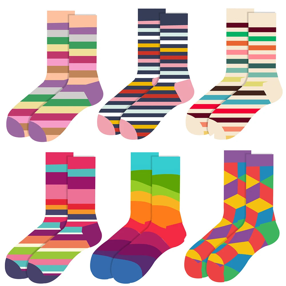 【6 Pairs】 Novelty Woman Socks Harajuku Cotton Funny Happy Rainbow Striped Diamond Pattern Unisex Socks Girl Kawaii Gift Socks