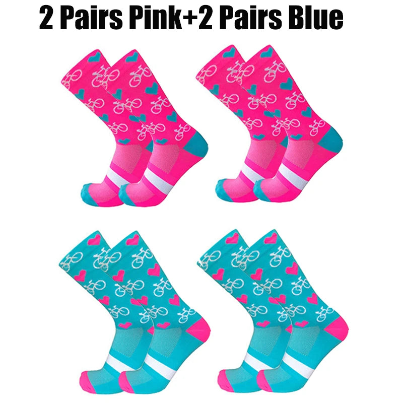 4 Pairs Heart Socks Cycling Socks Men Women Bicycle Pattern Breathable Mesh Outdoor Sports Running Socks Bike Compression Sock