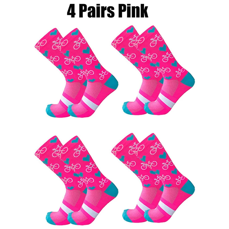 4 Pairs Heart Socks Cycling Socks Men Women Bicycle Pattern Breathable Mesh Outdoor Sports Running Socks Bike Compression Sock