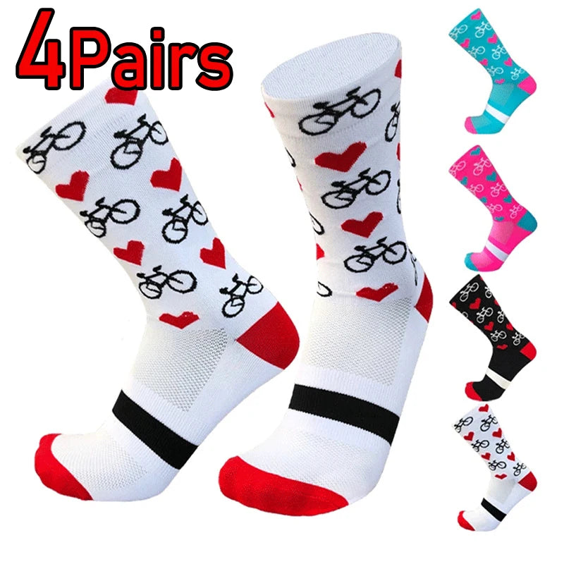 4 Pairs Heart Socks Cycling Socks Men Women Bicycle Pattern Breathable Mesh Outdoor Sports Running Socks Bike Compression Sock