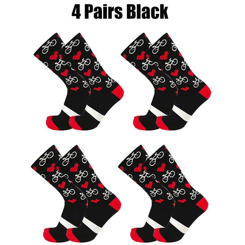 4 Pairs Heart Socks Cycling Socks Men Women Bicycle Pattern Breathable Mesh Outdoor Sports Running Socks Bike Compression Sock