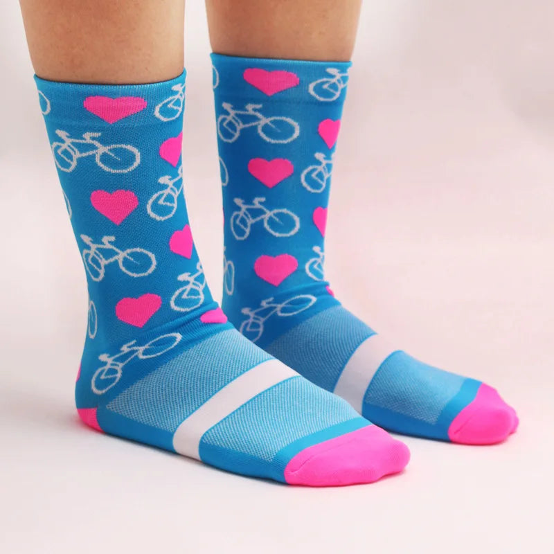4 Pairs Heart Socks Cycling Socks Men Women Bicycle Pattern Breathable Mesh Outdoor Sports Running Socks Bike Compression Sock