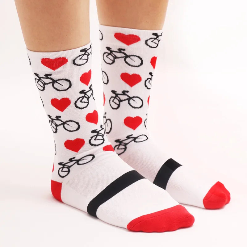 4 Pairs Heart Socks Cycling Socks Men Women Bicycle Pattern Breathable Mesh Outdoor Sports Running Socks Bike Compression Sock