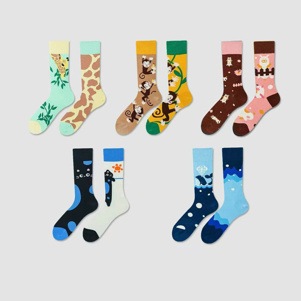 【5 Pairs】 Man Women Sock Original AB Tide Socks Colorful Cat Dog Koala Cow Cotton Socks Four Seasons Unisex Socks