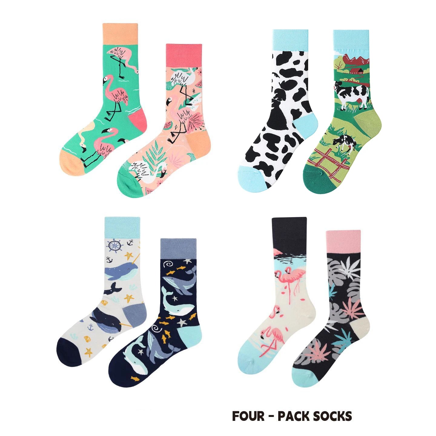 【4 Pairs】 Man Women Sock Original AB Tide Socks Colorful Cow Cotton Socks  Animals Fruits Abstract Figures Flowers Musical Notes