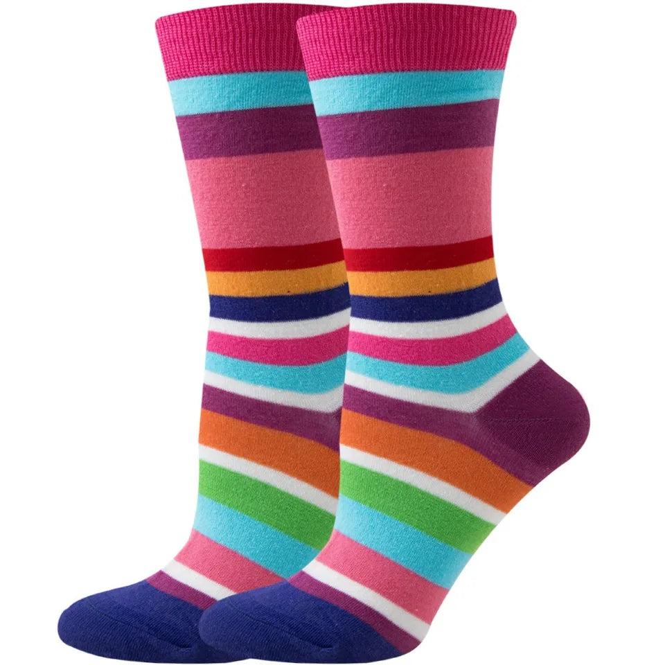 【6 Pairs】 Novelty Woman Socks Harajuku Cotton Funny Happy Rainbow Striped Diamond Pattern Unisex Socks Girl Kawaii Gift Socks