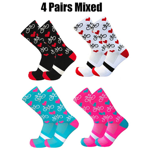 4 Pairs Heart Socks Cycling Socks Men Women Bicycle Pattern Breathable Mesh Outdoor Sports Running Socks Bike Compression Sock