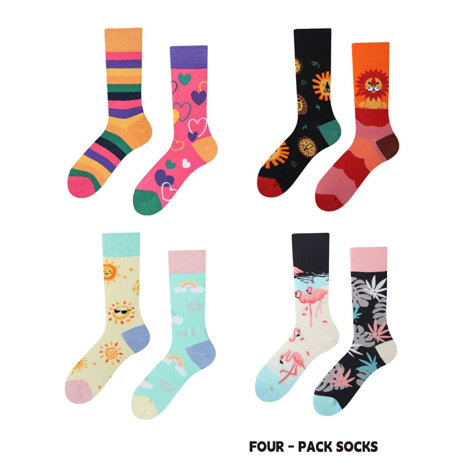 【4 Pairs】 Man Women Sock Original AB Tide Socks Colorful Cow Cotton Socks  Animals Fruits Abstract Figures Flowers Musical Notes