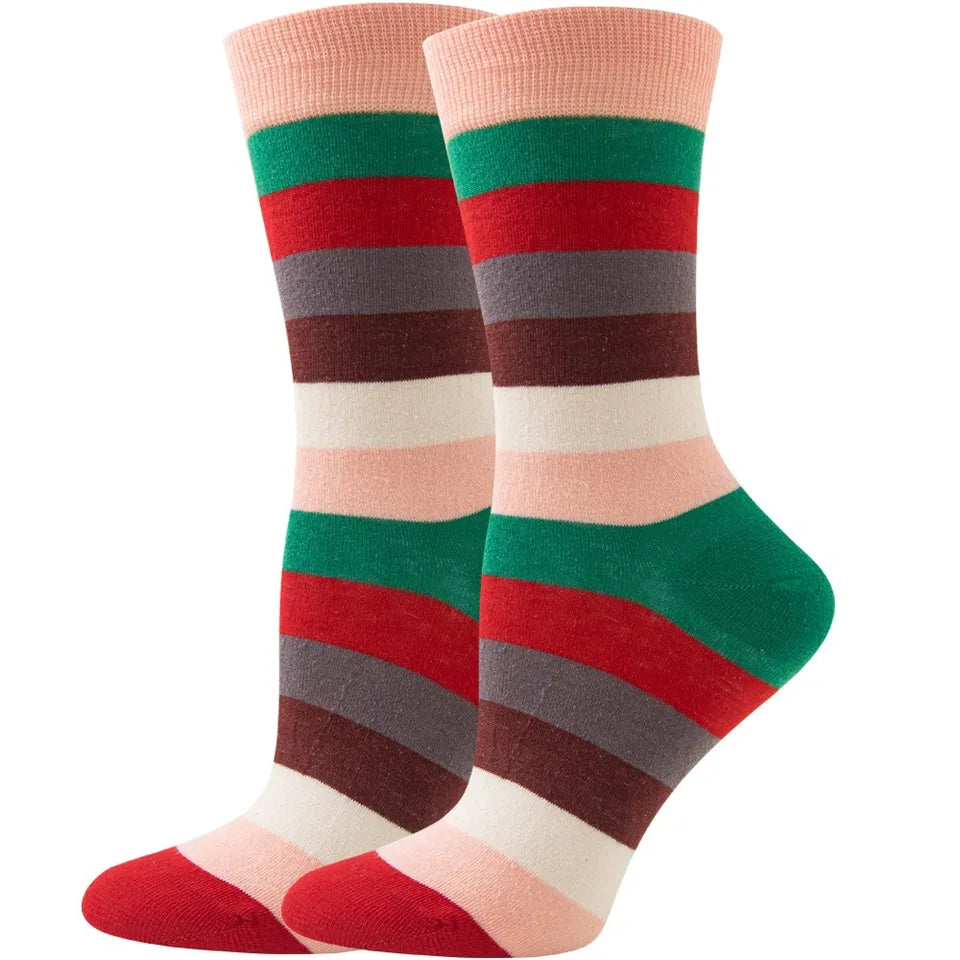 【6 Pairs】 Novelty Woman Socks Harajuku Cotton Funny Happy Rainbow Striped Diamond Pattern Unisex Socks Girl Kawaii Gift Socks
