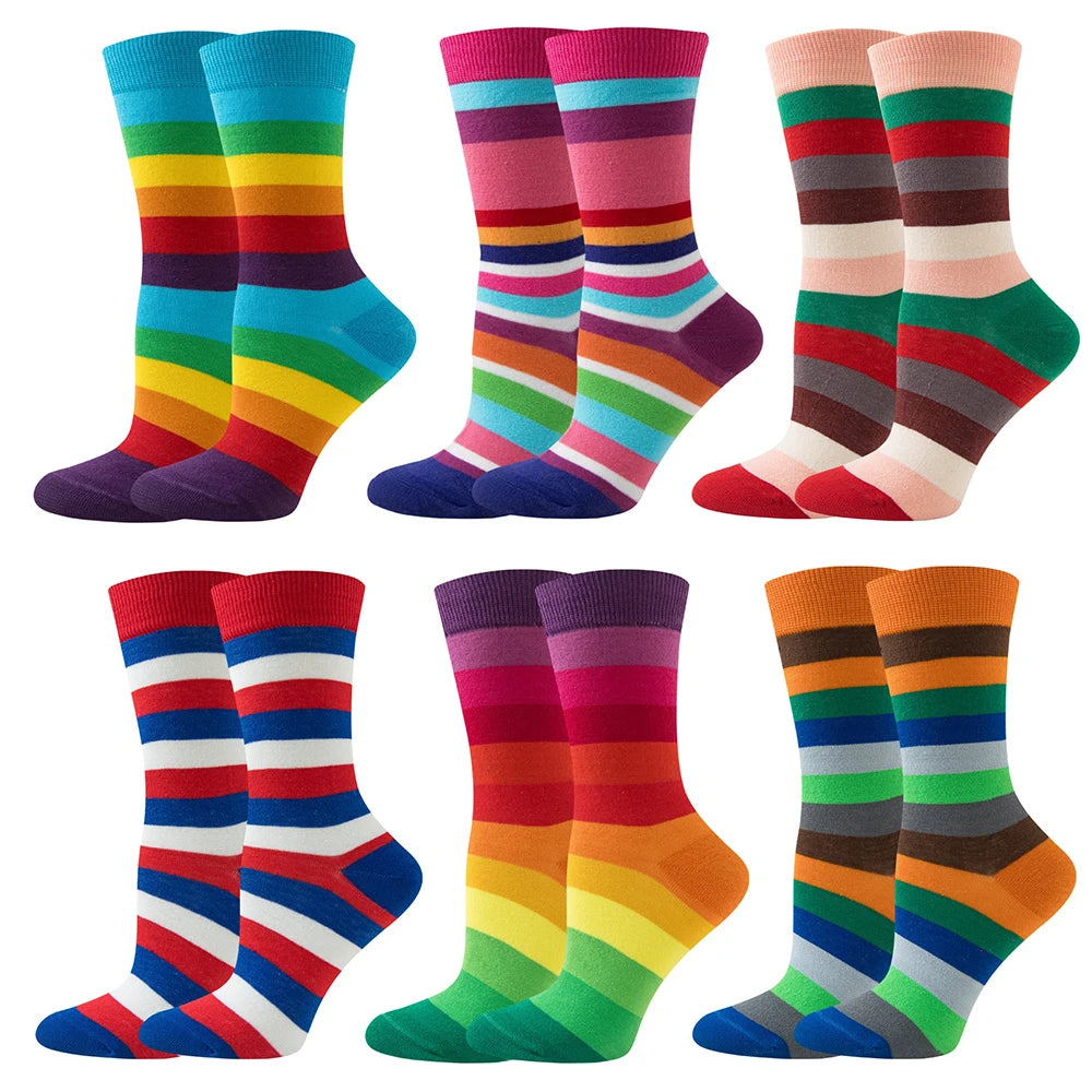 【6 Pairs】 Novelty Woman Socks Harajuku Cotton Funny Happy Rainbow Striped Diamond Pattern Unisex Socks Girl Kawaii Gift Socks