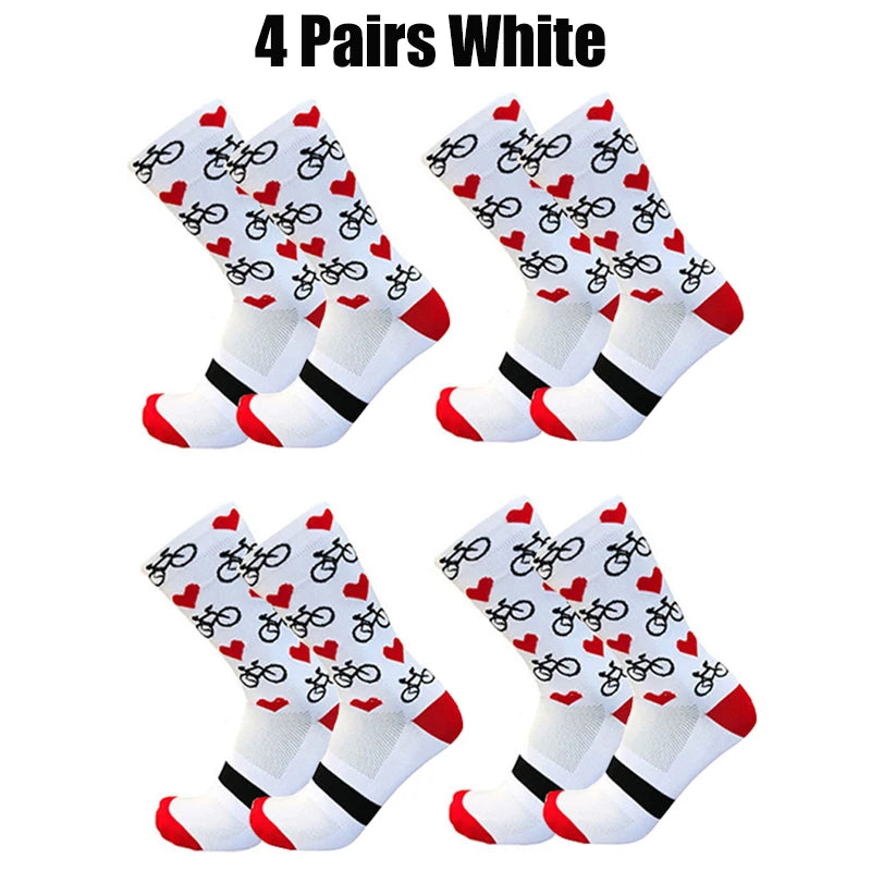 4 Pairs Heart Socks Cycling Socks Men Women Bicycle Pattern Breathable Mesh Outdoor Sports Running Socks Bike Compression Sock