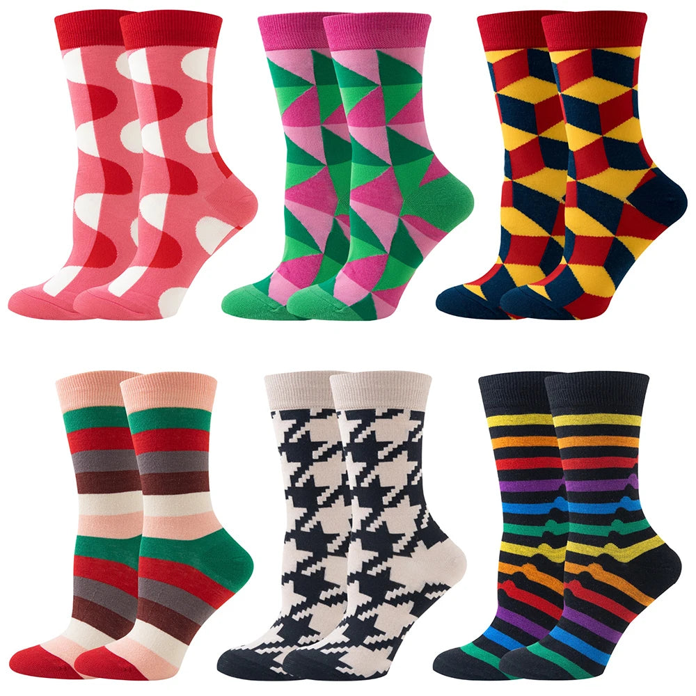 【6 Pairs】 Novelty Woman Socks Harajuku Cotton Funny Happy Rainbow Striped Diamond Pattern Unisex Socks Girl Kawaii Gift Socks