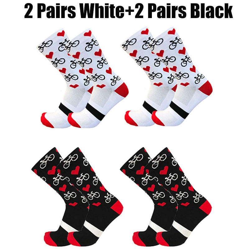 4 Pairs Heart Socks Cycling Socks Men Women Bicycle Pattern Breathable Mesh Outdoor Sports Running Socks Bike Compression Sock