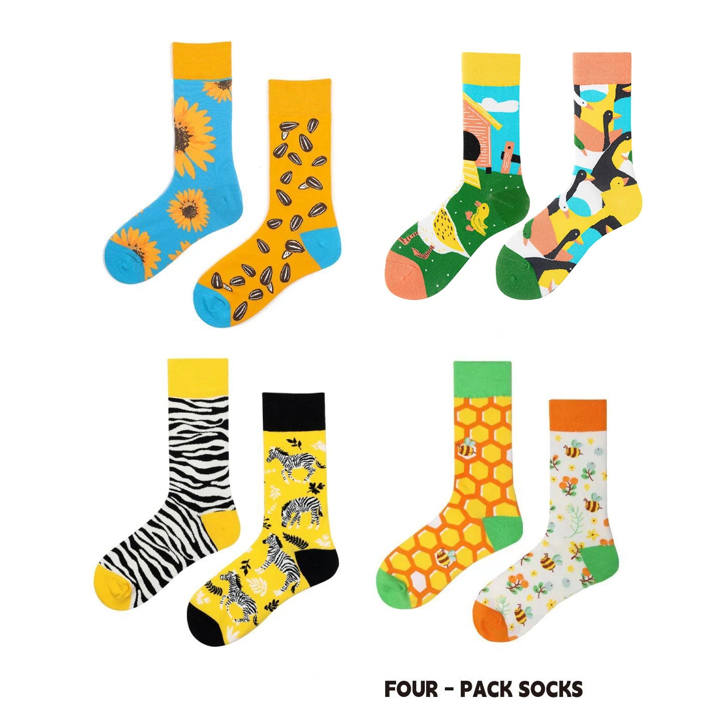 【4 Pairs】 Man Women Sock Original AB Tide Socks Colorful Cow Cotton Socks  Animals Fruits Abstract Figures Flowers Musical Notes