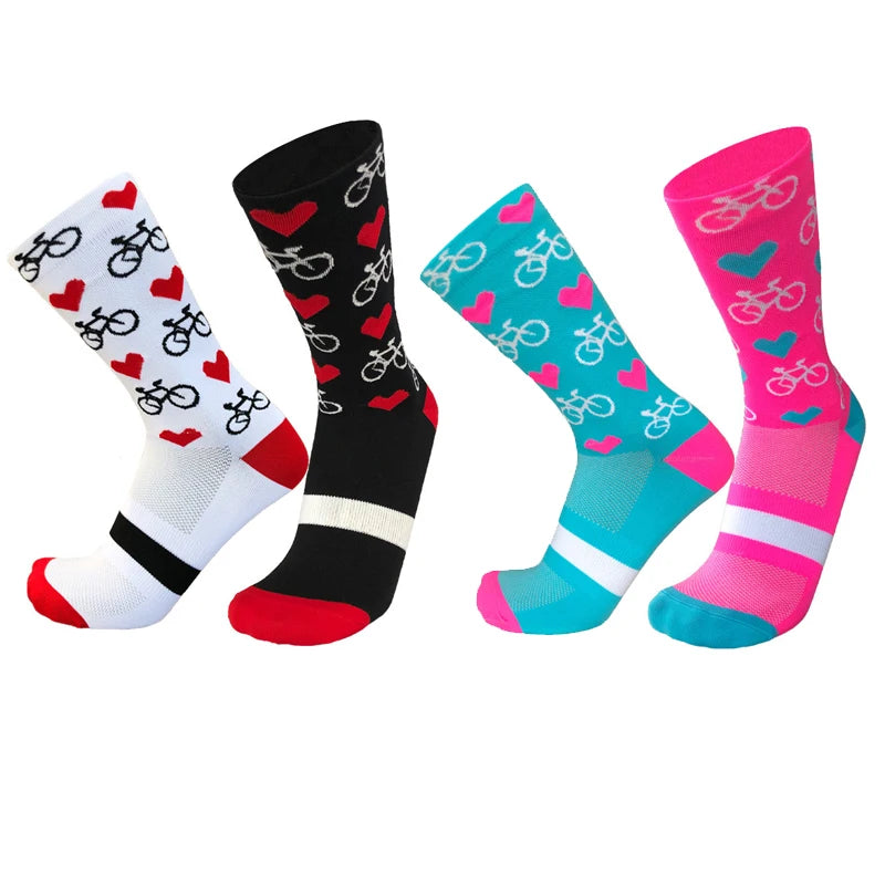 4 Pairs Heart Socks Cycling Socks Men Women Bicycle Pattern Breathable Mesh Outdoor Sports Running Socks Bike Compression Sock