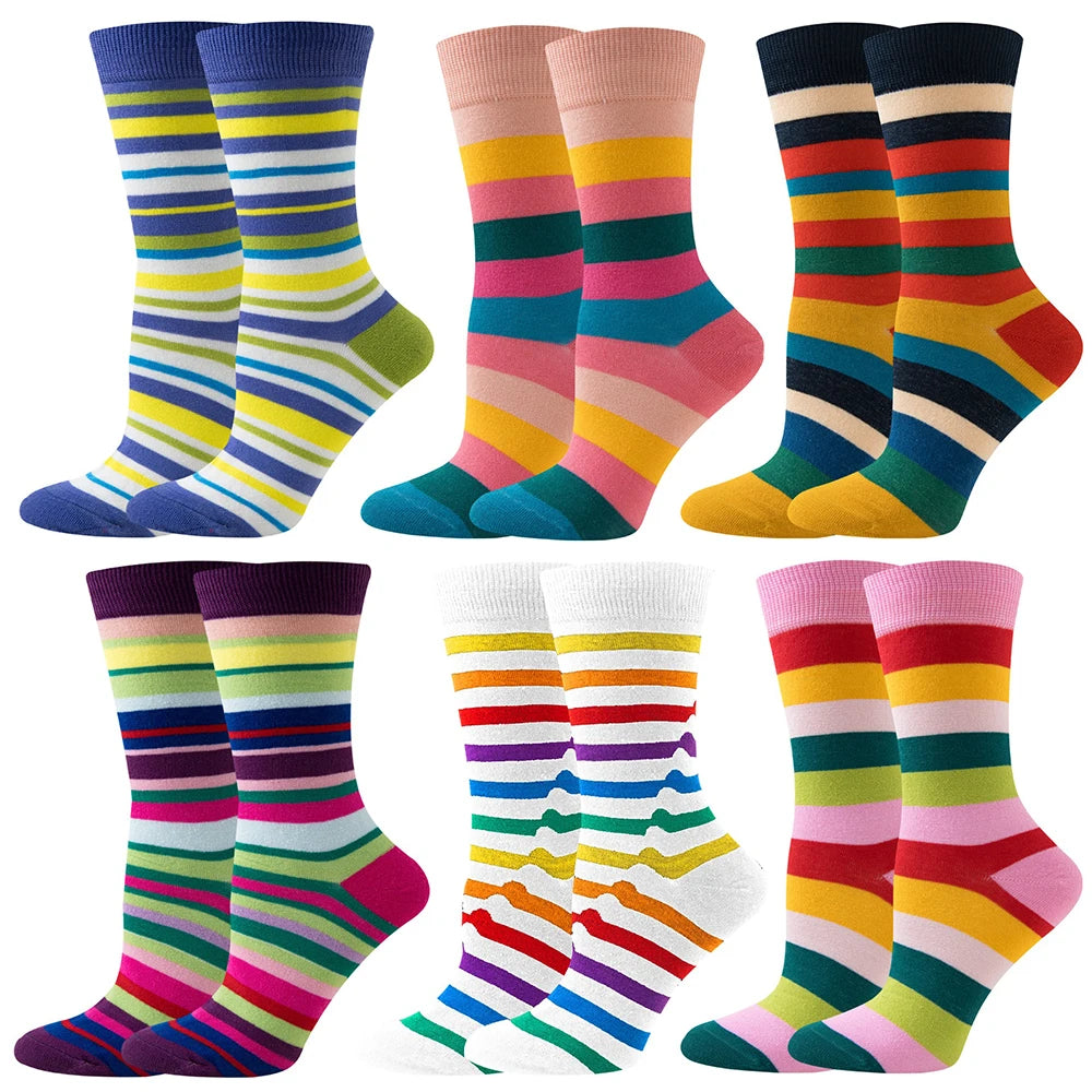 【6 Pairs】 Novelty Woman Socks Harajuku Cotton Funny Happy Rainbow Striped Diamond Pattern Unisex Socks Girl Kawaii Gift Socks