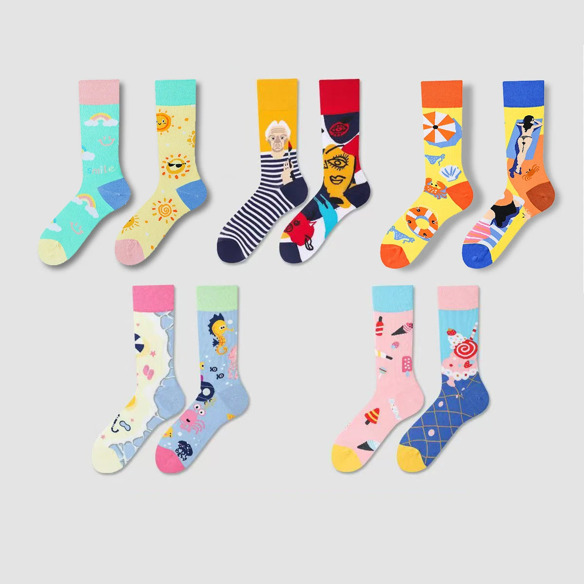 【5 Pairs】 Man Women Sock Original AB Tide Socks Colorful Cat Dog Koala Cow Cotton Socks Four Seasons Unisex Socks