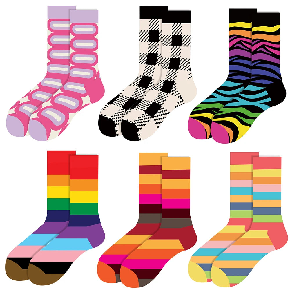 【6 Pairs】 Novelty Woman Socks Harajuku Cotton Funny Happy Rainbow Striped Diamond Pattern Unisex Socks Girl Kawaii Gift Socks
