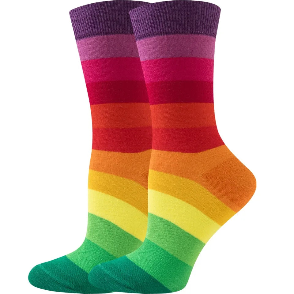 【6 Pairs】 Novelty Woman Socks Harajuku Cotton Funny Happy Rainbow Striped Diamond Pattern Unisex Socks Girl Kawaii Gift Socks