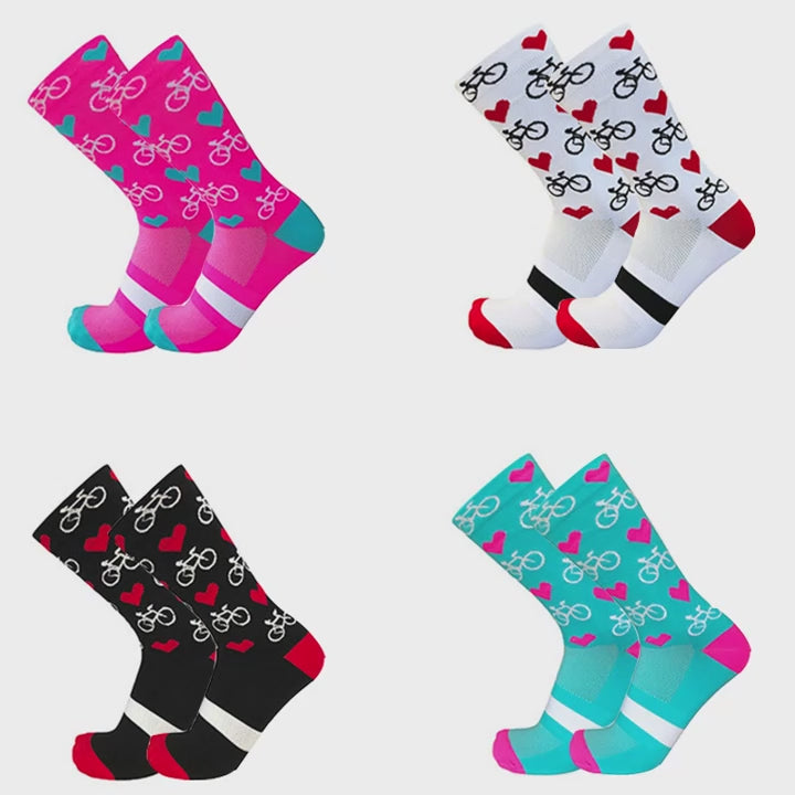 4 Pairs Heart Socks Cycling Socks Men Women Bicycle Pattern Breathable Mesh Outdoor Sports Running Socks Bike Compression Sock